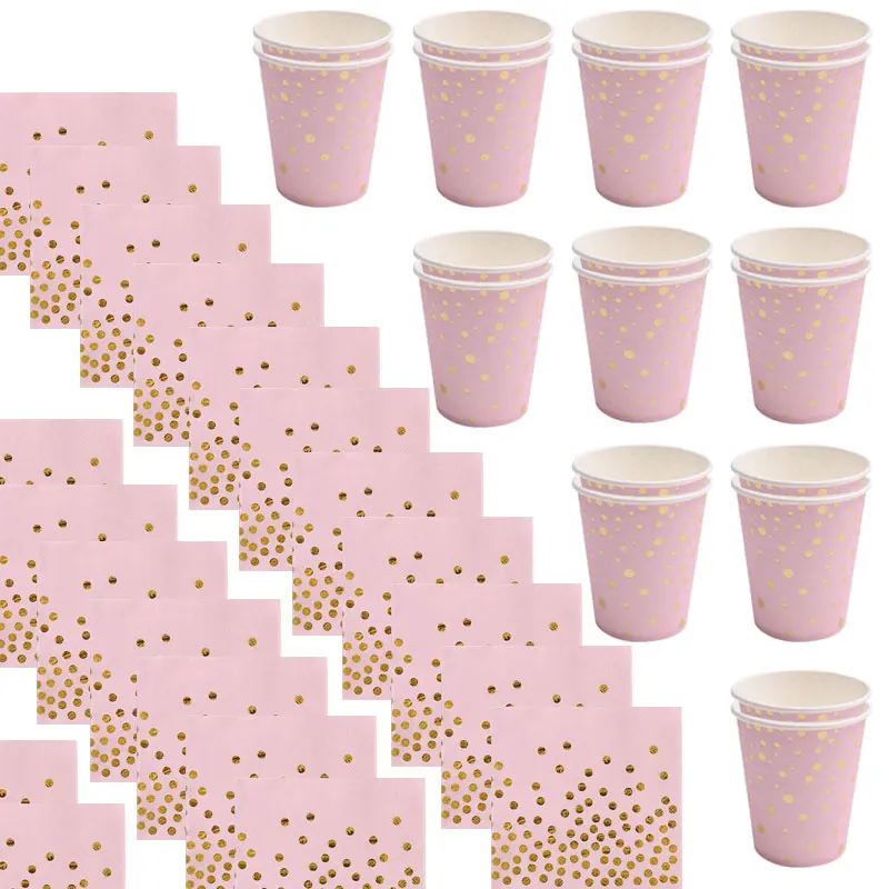 

Baby Girl Pink Gold Dot Party Wedding Party Cups Plates Napkin Disposable Tableware For Baby Shower Birthday Party Decoration