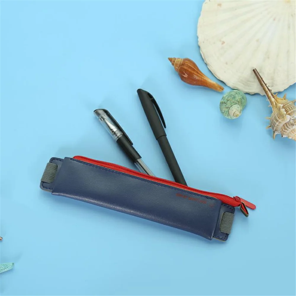 navy blue 1 шт. Кожаная мини-сумка для ручек Экологичная эластичная сумка для карандашей для книг портативная записная книжка держатель для карандашей офисные школьные принадлежности - Цвет: navy blue