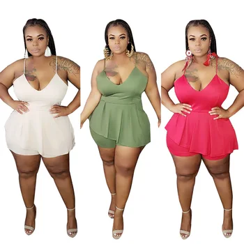 

Plus Size Jumpsuit Women Summer Casual Solid Sleeveless V-Neck Rompers Body Femme Short Playsuit One Piece Overall Boho Bodysuit