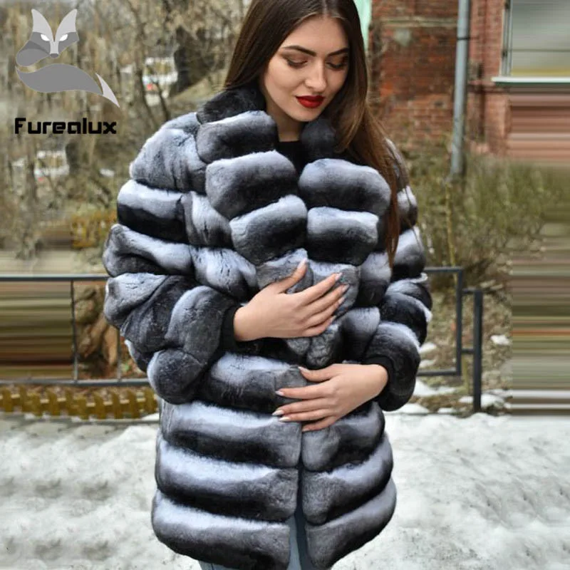 Женское зимнее пальто из Шиншиллы Furealux натурального меха кролика Рекс куртка