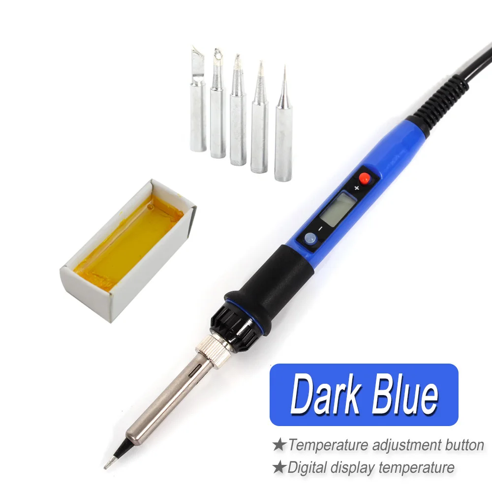 Электрический паяльник с регулируемой температурой 110 В/220 В ЕС, сварочный инструмент+ 5 железных наконечников+ канифоль 60 Вт - Цвет: Pro - Dark Blue