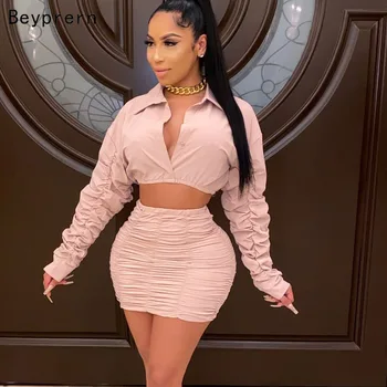 

Beyprern Beautiful Ruched Skirt Set Two-Piece Suits Autumn Womens Turn-Down Collars Jacket Top And Skirt Set Party Club Overalls