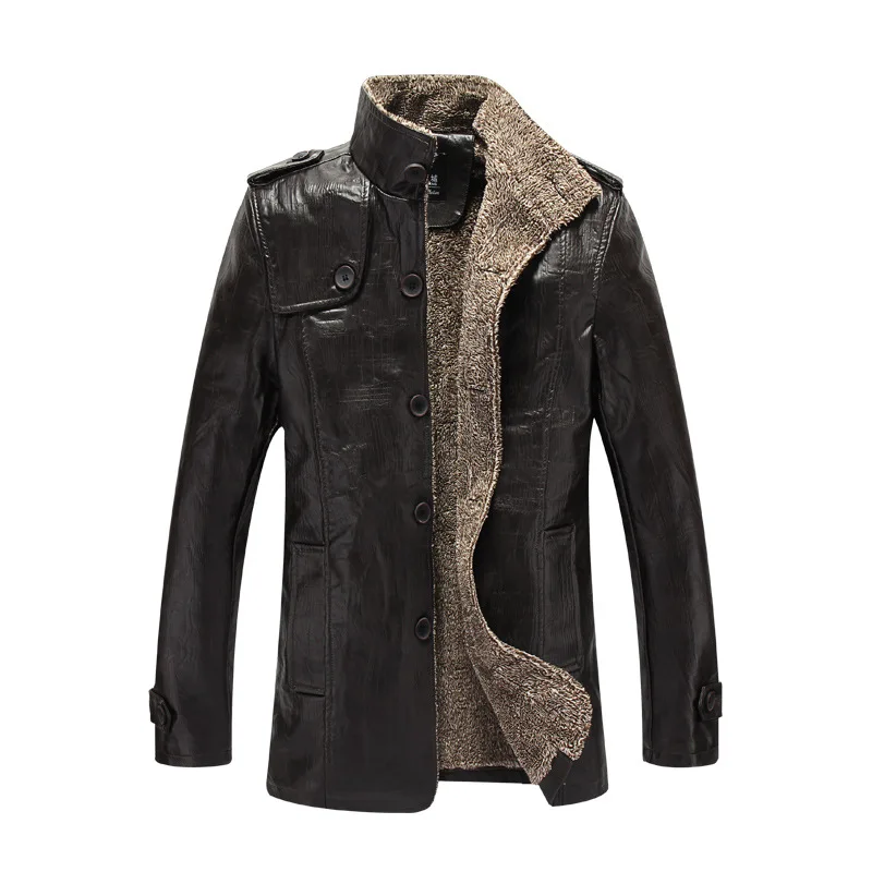 

Winter Men's Wear Leather Jacket Li Collar Keep Warm Bright Face Medium Length Flocking Plus Velvet Leather Coat