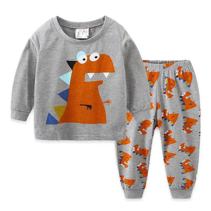 Хлопковая пижама с динозавром из мультфильма для малышей Детская Пижама для маленьких мальчиков, пижамный комплект с круглым вырезом и длинными рукавами, Детская домашняя одежда, костюм От 2 до 7 лет - Цвет: Серый