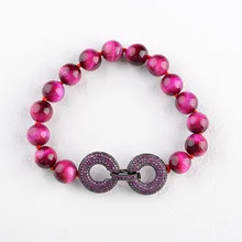 

8'' Fuchsia Round 10mm Tiger Eye Bracelet cz pave Clasp