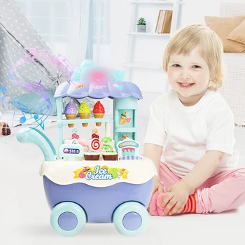 

Super Funny Kids Ice Cream Trolley with Music & Colorful Light Pretend Play Kitchen Set Mini Dessert Candy Girls Toy For 3 Years