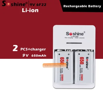 

2pcs/set Soshine 9V 6F22 650mAh Li-ion Rechargeable Battery + 9V Smart Charger with LED Indicator