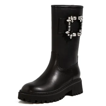 

Sorphio On Sale Genuine Leather Female Mid Calf Boots Crystal Chunk Round Toe Boots Women Chunky Autumn Shoes Woman