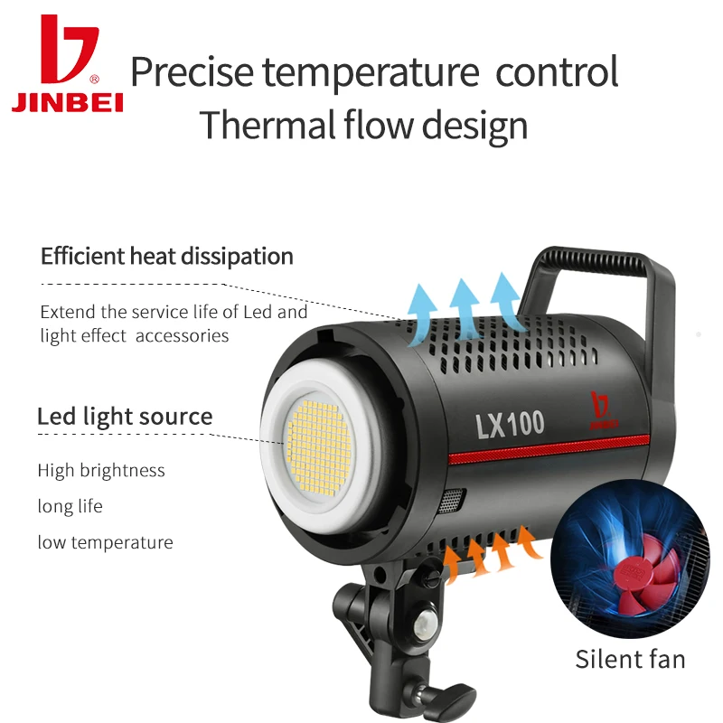 JINBEI LX100 100W LED 비디오 조명, 밝기 조절 가능 보웬스 마운트 스튜디오 연속 조명, 사진 라이브 스트리밍용, 5500k 200k