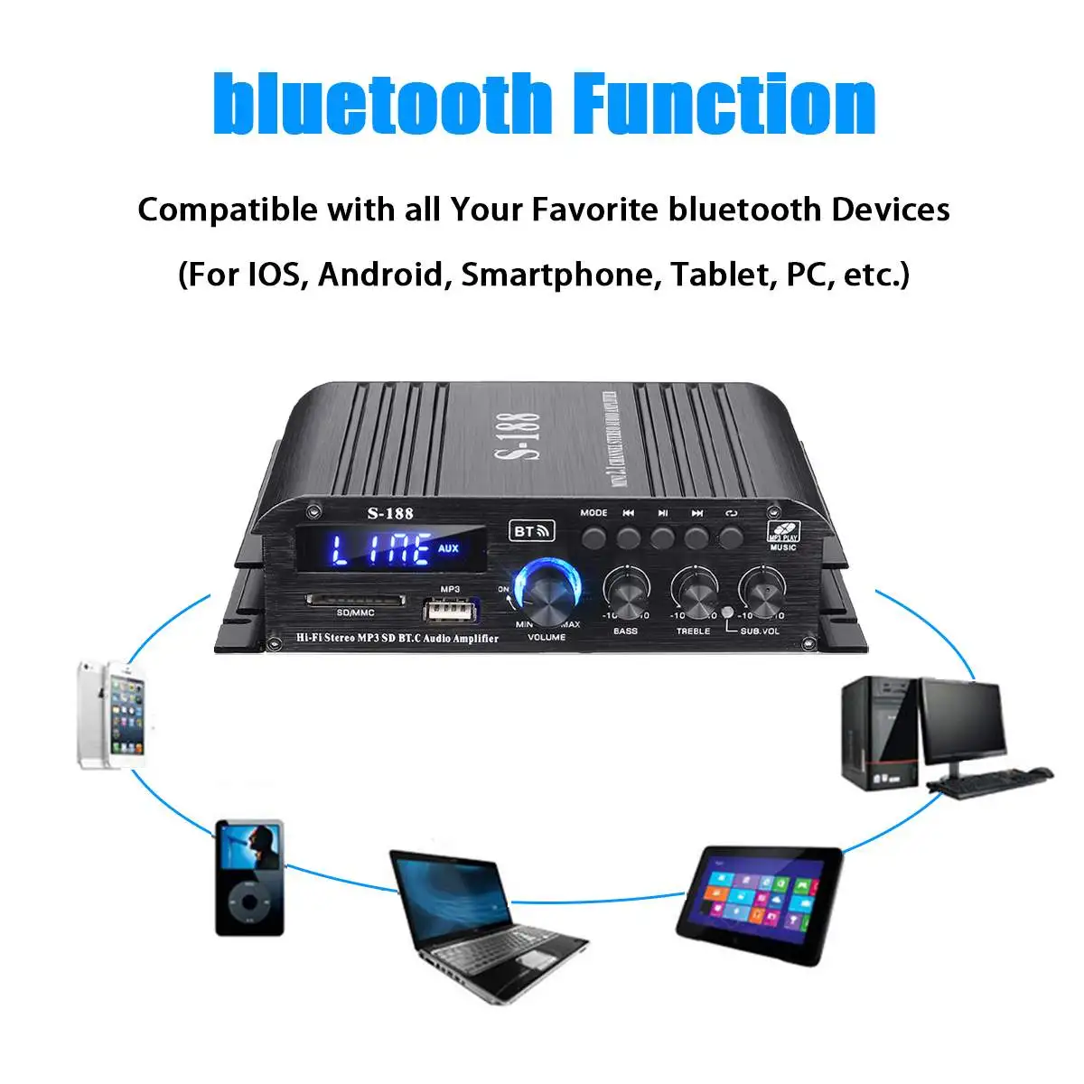 S188 2*400W+200W bluetooth HiFi Power Amplifiers Stereo Home Car Audio 12V Digital Sound Amplifier BASS Music Player AUX USB/SD