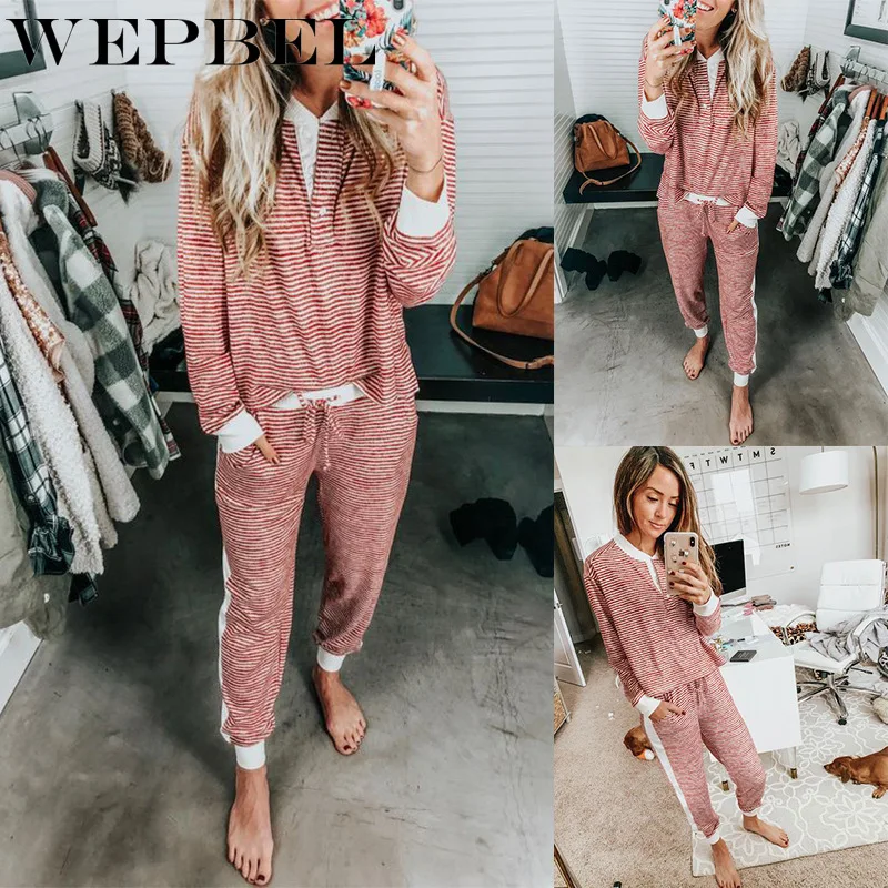 

WEPBEL Autumn and Winter Striped Prints Fashion Suit Women's Casual Long-Sleeved V-neck T-shirt + Lace-up Pencil Pants Suit