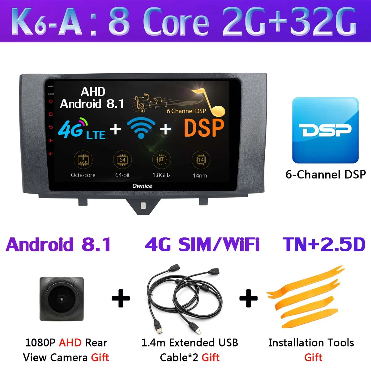 360°4×AHD камера Android 9,0 4G+ 64G gps радио CarPlay SPDIF DSP Автомобильный мультимедийный плеер для Mercedes Benz Smart Fortwo 2011 - Цвет: K6-A