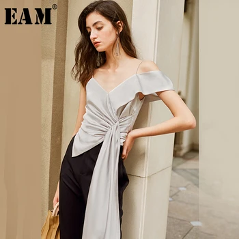 

[EAM] Women Gray Irregular Pleated Blouse New V-collar Short Sleeve Loose Fit Shirt Fashion Tide Spring Summer 2020 1X633
