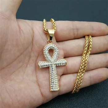 

Hip Hop Men's Gold Color Stainless Steel Necklace Iced Out Cubic Zirconia Ankh Cross Rock Pendant Bling Rapper Hiphop Jewerly