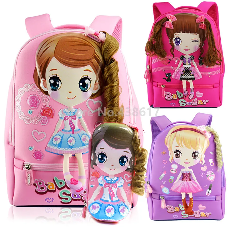

New 3D Pink Purple Sweet Girl Princess School Bag With Pencil Case Set For Girls Kids Children Primary School Book Backpack Bag