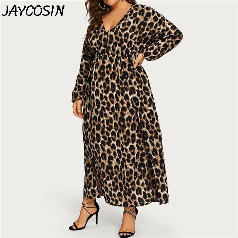 

JAYCOSIN Plus Size Women Dress Leopard Print V-Neck Long Sleeve Split Dress Autumn Casual Fashion Loose Dresses Vestido a1