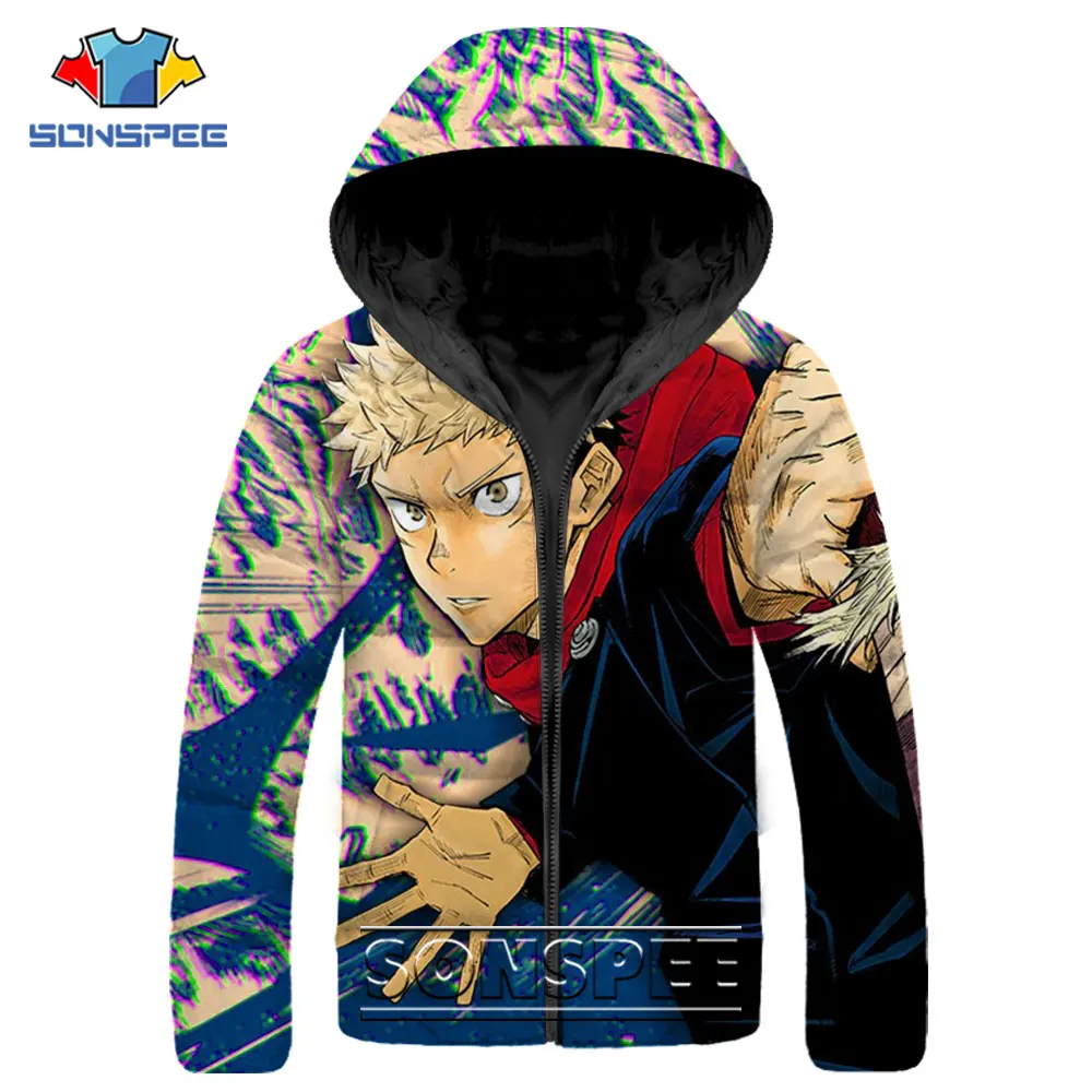SONSPEE Anime Jujutsu Kaisen Printed Coat Men's Winter Jacket Hooded Fashion Parka Men Down Jacket Casual Thicken Warm Overcoat