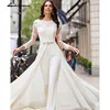 Cheap White Jumpsuits Pants Long Sleeve Wedding Dresses Lace Satin With Overskirts Beads Crystals Plus Size Bridal Gowns Vestido ► Photo 3/3