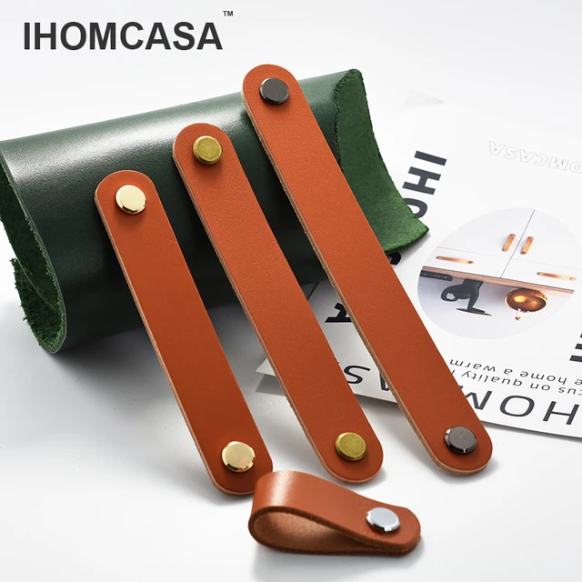 IHOMCASA-pomos de cuero genuino para armario, tiradores de piel de vaca,  estilo moderno, para puerta de cajón de armario - AliExpress