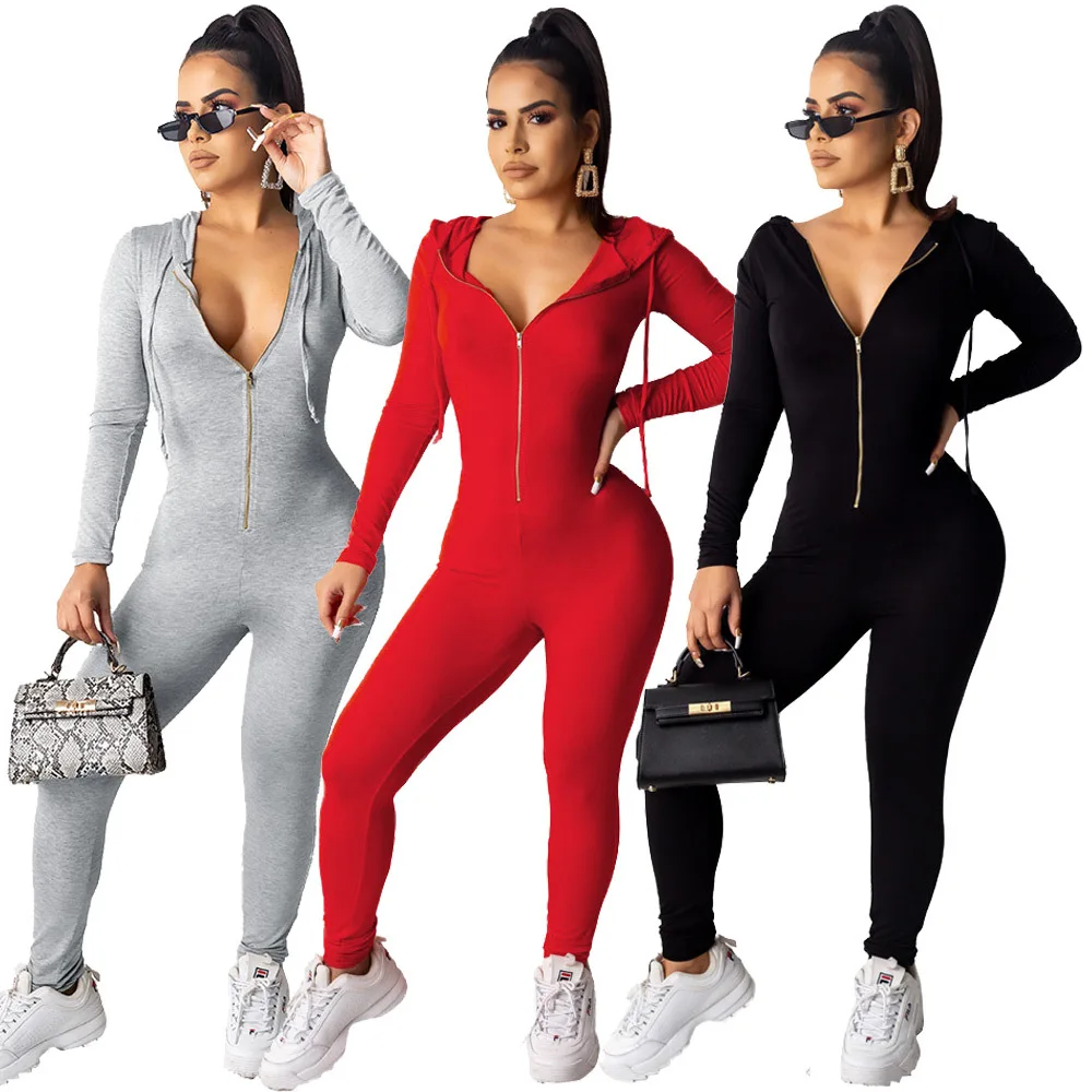 

2020 Autumn Women Jumpsuit Hot Style Model Solid Color Zipper Drawstring Hoodie European And American Sexy Rompers