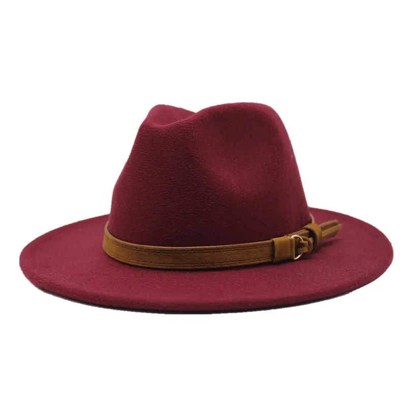 Широкие полями осенние женские фетровые шляпы, шерстяной джазовый головной убор, зимняя фетровая шляпа для мужчин, шерстяная шляпа, модные женские черные шляпы - Цвет: Wine red