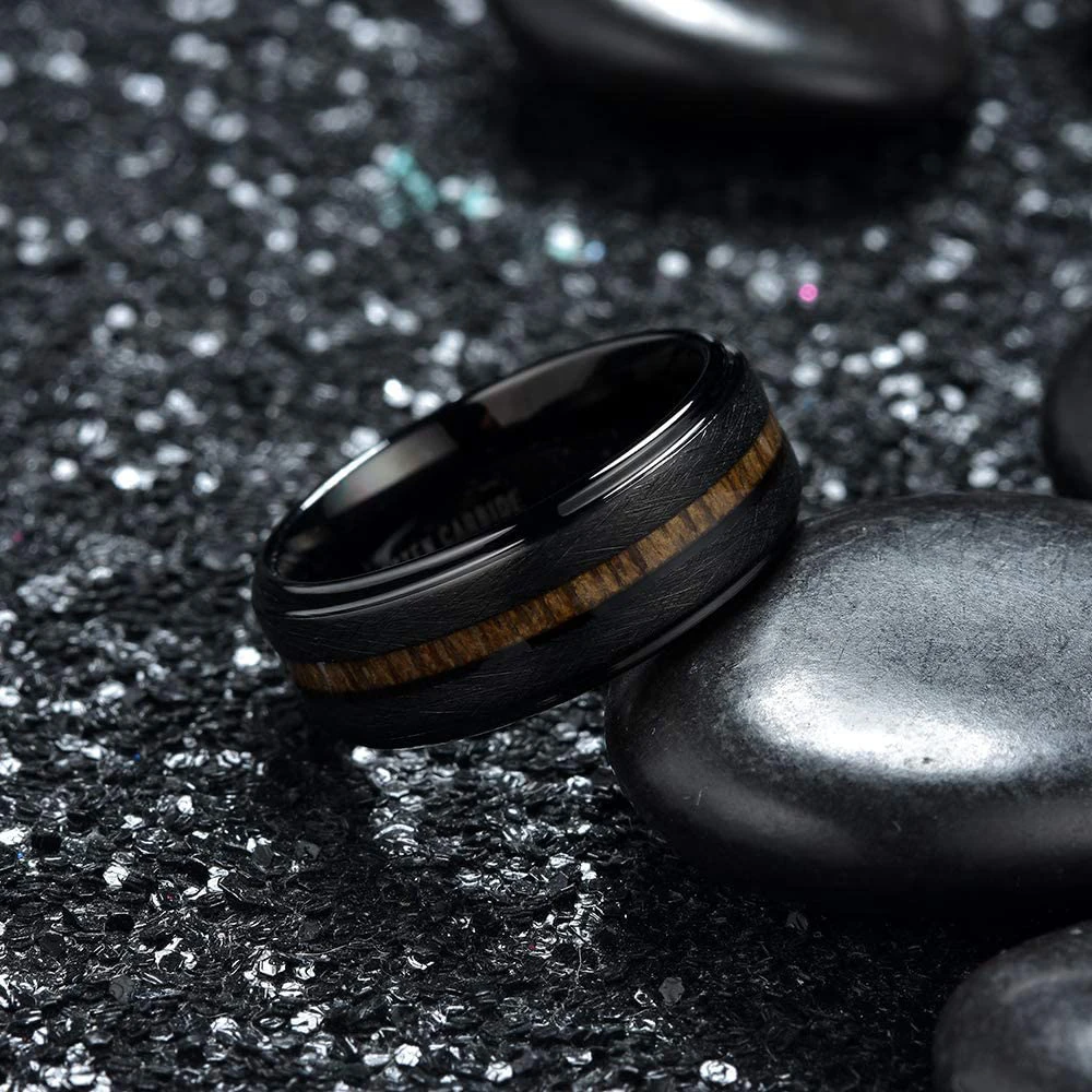 Wedding Rings 8mm Men Tungsten Inlay Hawaiian Koa Wood And Meteorites Matte Brushed Finish