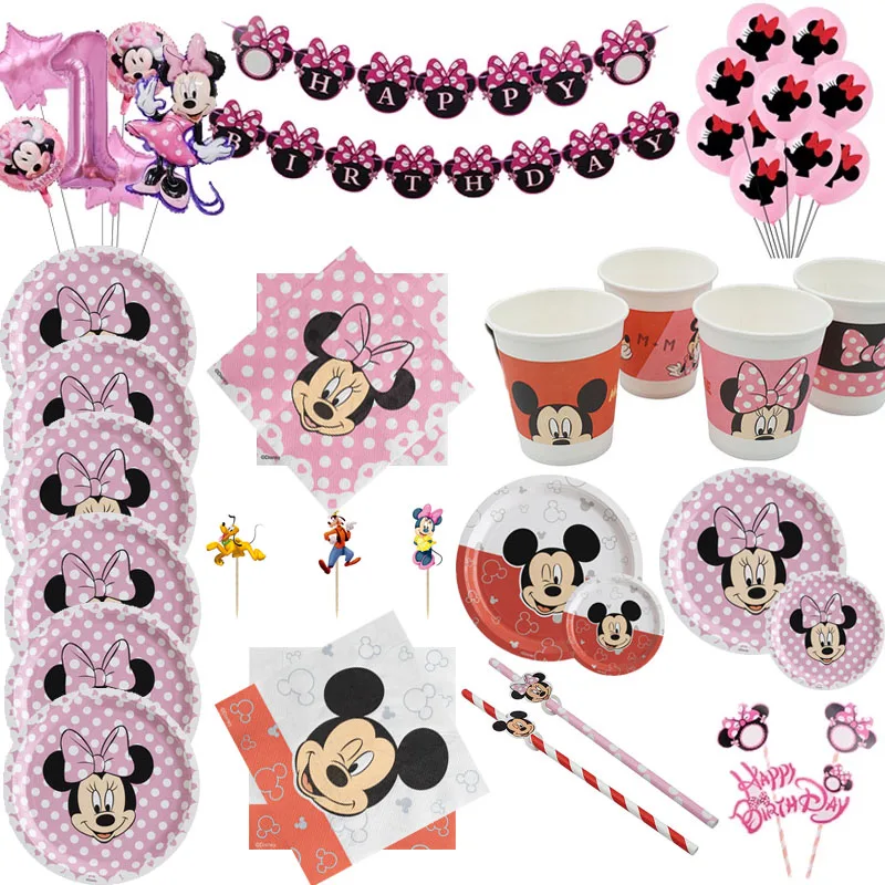 Set de Fiesta de cumpleaños de Minnie Plato Cumpleaños Vajilla Set de Fiesta Kids Birthday Mickey Taza Mickey Mouse Party Mantel para Niños Baby Shower Servilleta de Papel 