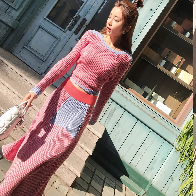 

Women's suit autumn new pink temperament commuter round neck long sleeve pullover sweater with long dress suit women's 2 sets