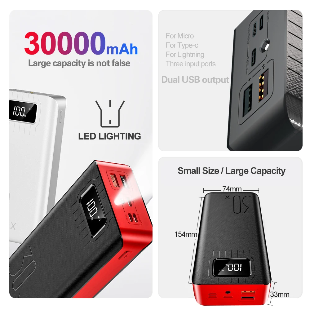 Power Bank 30000mAh TypeC Micro USB QC Fast Charging Powerbank LED Display Portable External Battery Charger For phone tablet