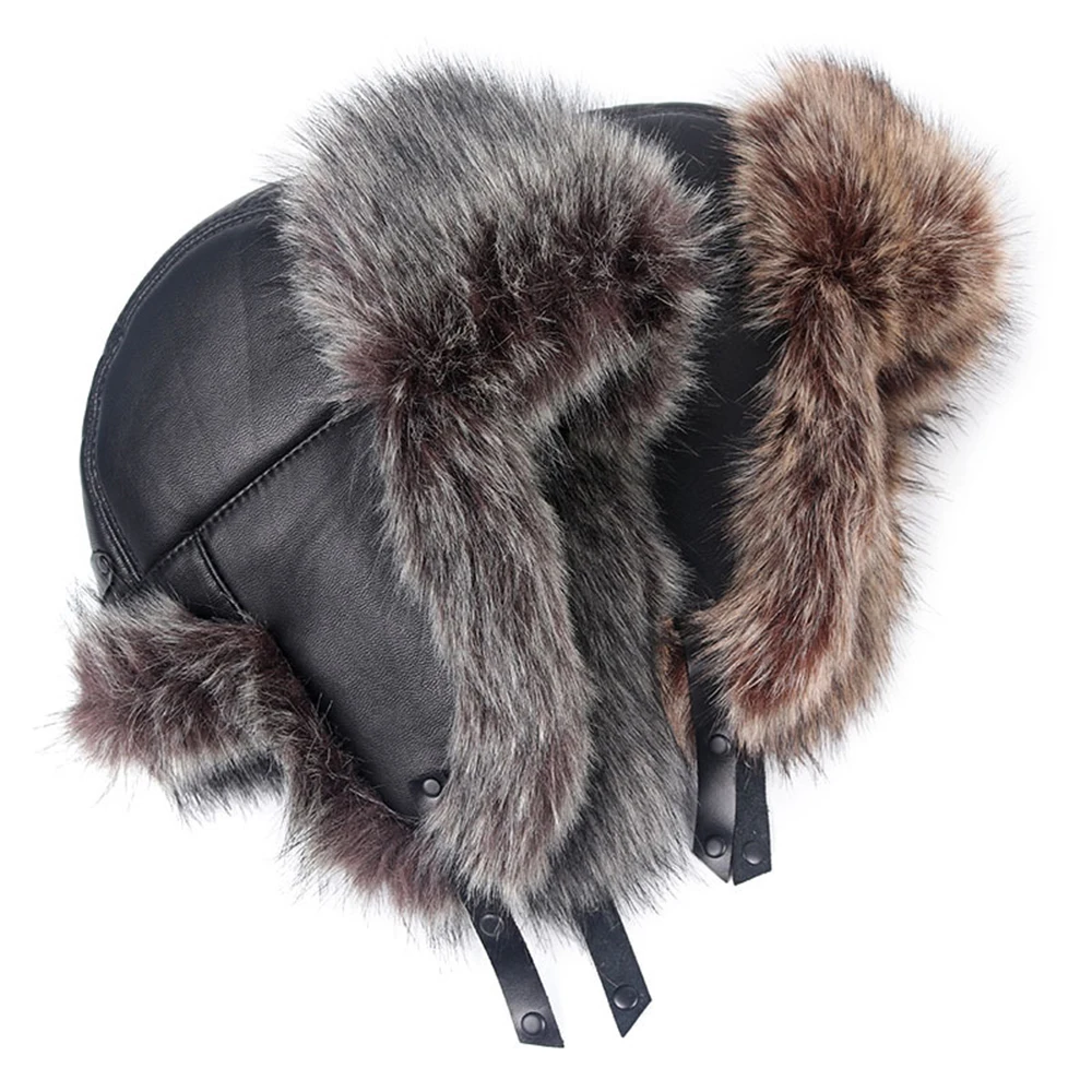 Eskimo Hats for men winter thick warm Pu leather hat fox middle-aged old father ear cap | Аксессуары для одежды