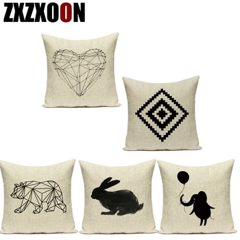 

Decorative Throw Pillows Case Black White Animals Rabbit Cotton Linen Geometric Letter Sofa Cushion Cover for Living Room