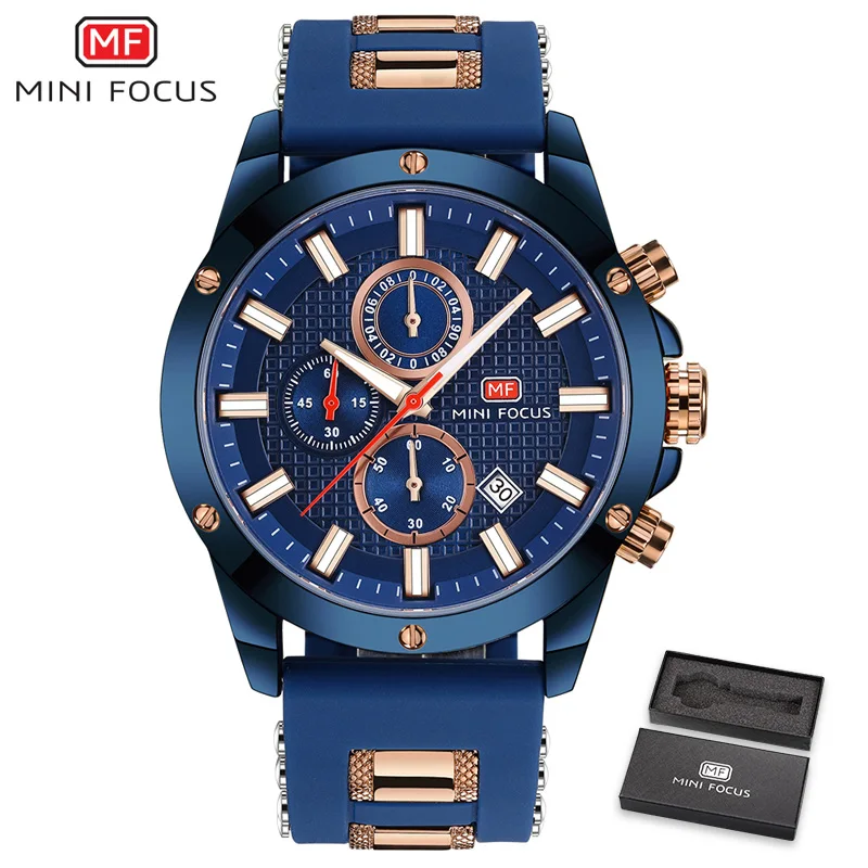 MINI FOCUS Chic Marine Men Quartz Analog Watch 3D Bolt Design 6 Hands 24H Calendar Rubber Strap Luxury Fashion Clock WITH BOX - Цвет: BOX BLUE