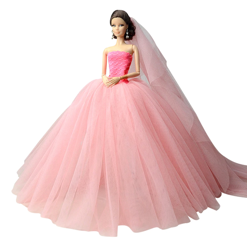 NK Mix платье куклы Высокое качество ручной работы длинный хвост вечернее платье одежда кружево свадебное платье для куклы Барби аксессуары игрушки JJ - Цвет: Pink