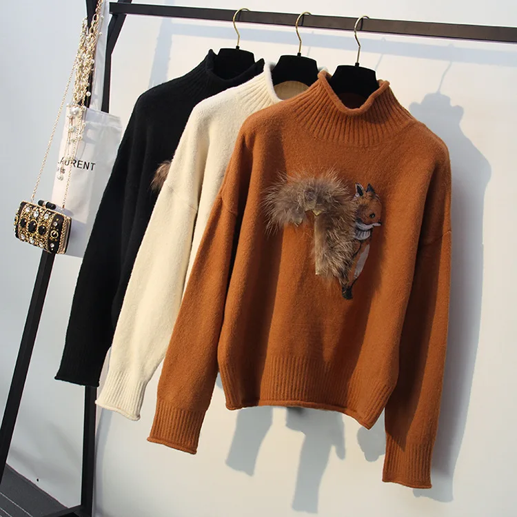 Осень-зима, женский корейский свитер с высоким воротом, пуловер, женский свитер с рисунком белки из мультфильма, вязаный джемпер с высоким воротом, Осенние вязаные топы