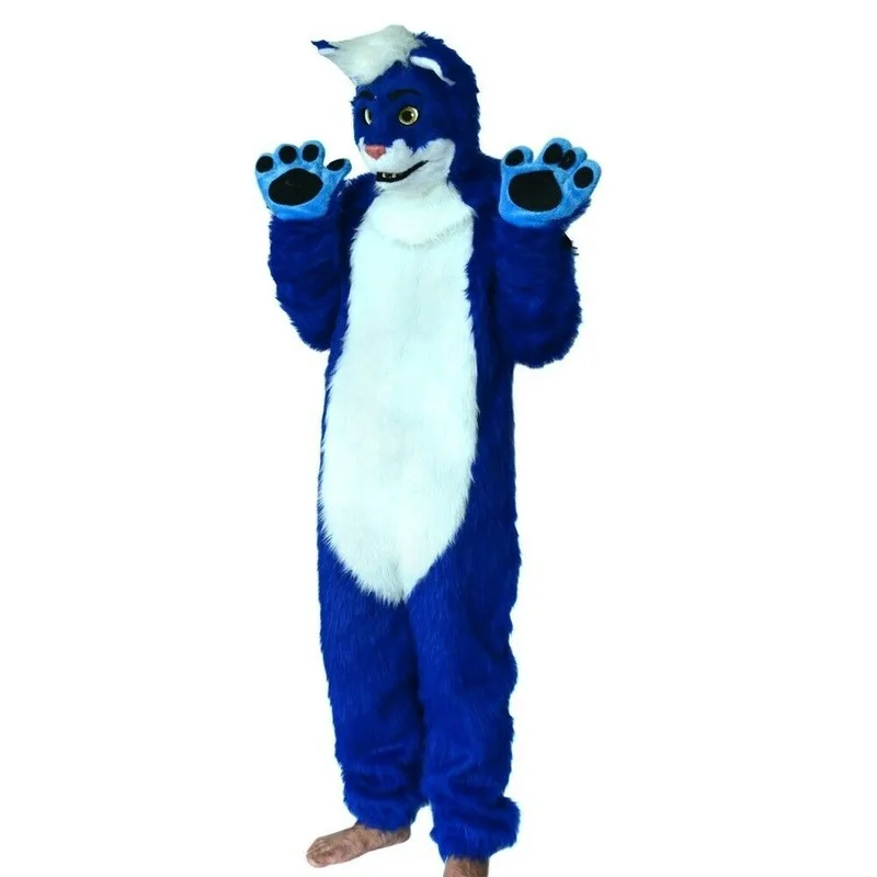 Смогите перемещать рот синий кот талисман костюм Fursuit Косплей Животное Хэллоуин