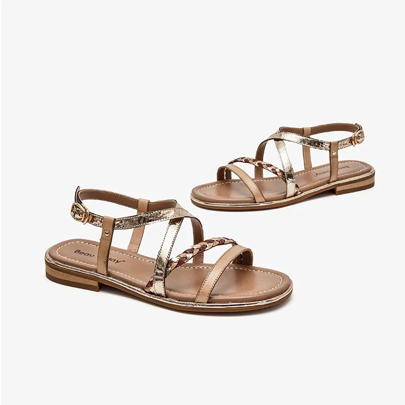 Gladiator Sandals Women Genuine Cow Leather Twist Band Designer Flats Slingback Summer Female Flat Heel Shoes women slingback sandals women flat shoes