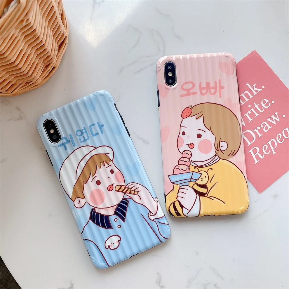 

DTFQ Korean Stylish Cartoon Couple Case Lovely Cute Soft Suitcase Pattern IMD TPU Cover for iPhone XR X Xs Max 7 8 6s Plus