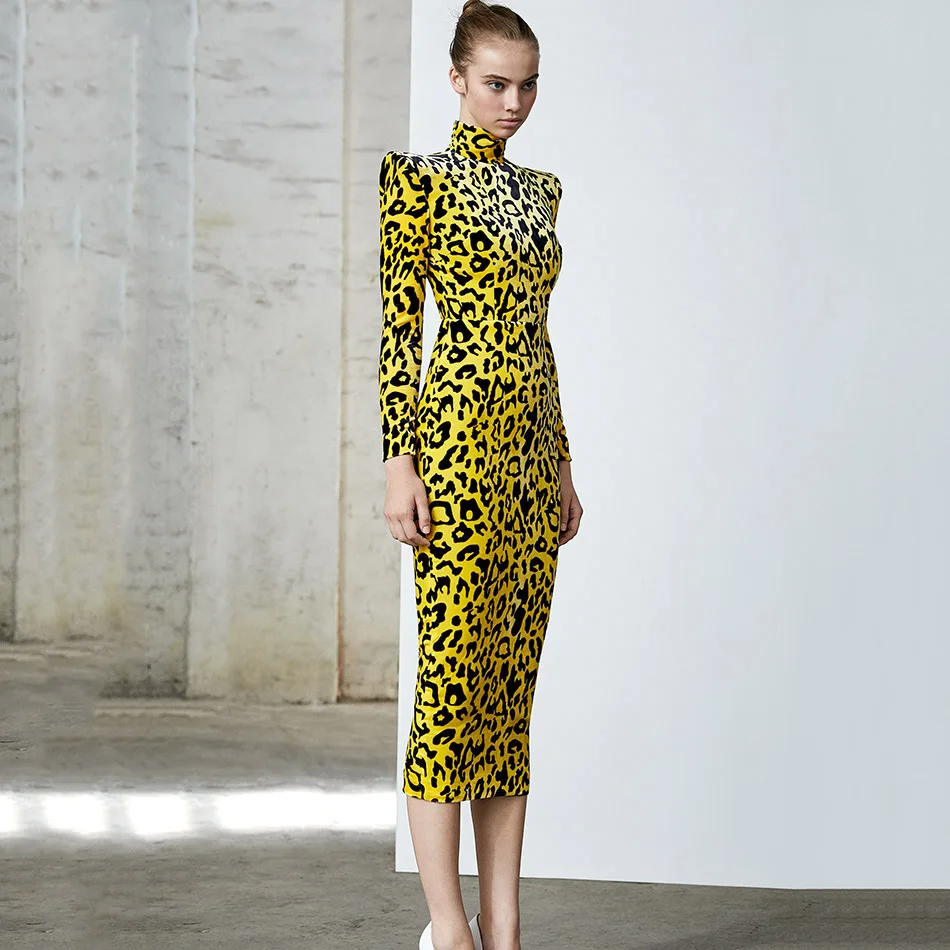 2019-New-Arrival-Sexy-Velvet-Leopard-Midi-Dress-Long-Sleeve-High-Collar-Bodycon-Split-Design-Fashion