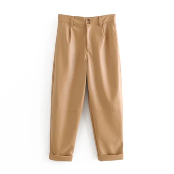 

Stylish Chic PU Leather Pants Solid Zipper Fly Design Pockets Female Basic Elegant Ankle-Length Pants Women's Trousers