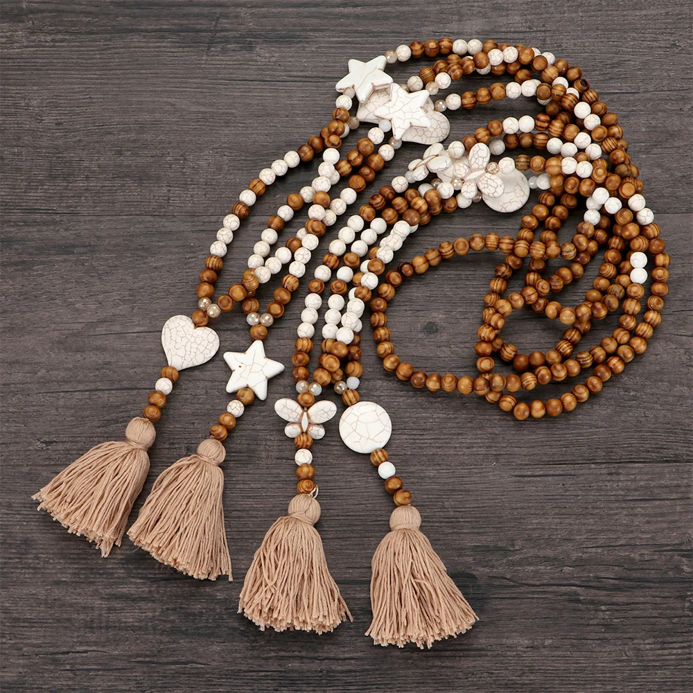 Ethnic Heart Shape Boho White Tassels Collar Necklace Maxi Wood Bead Statement Long Pendant Bohemian Jewelry | Украшения и