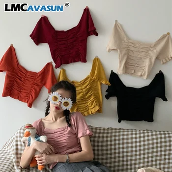 

LMCAVASUN Korea chic Square Collar Fold Design sweater Women Fashion Short Sleeve Ruffles Sweaters Big elastic Knitted Tops