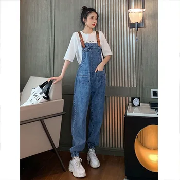 

Age Reduction Cowboy Bib Female 2020 Season Loose Slim Cute Gao Waist Straight Tube Pants Zi