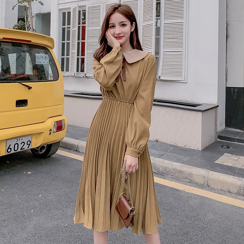 New Korean Version High Waist Bottom-knit Long Sleeve Vestito Donna Pleated Gorgeous Ladies Cute Design Summer Dress for Women