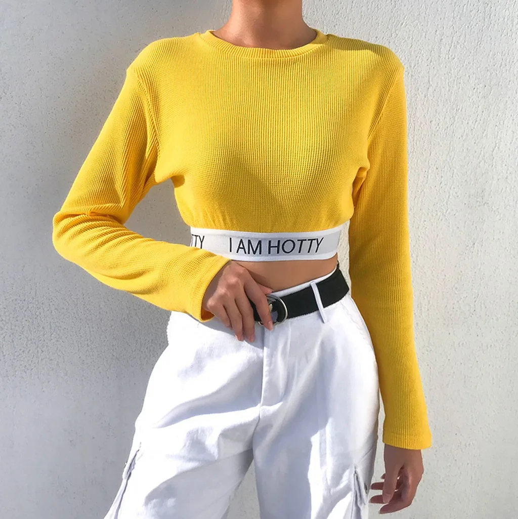 

Letter I Am Knitted O-Neck Women's Yellow Yoga Shirts Retro Turtleneck Seamless Long Sleeve Short Fitness Top Daliy Style A26