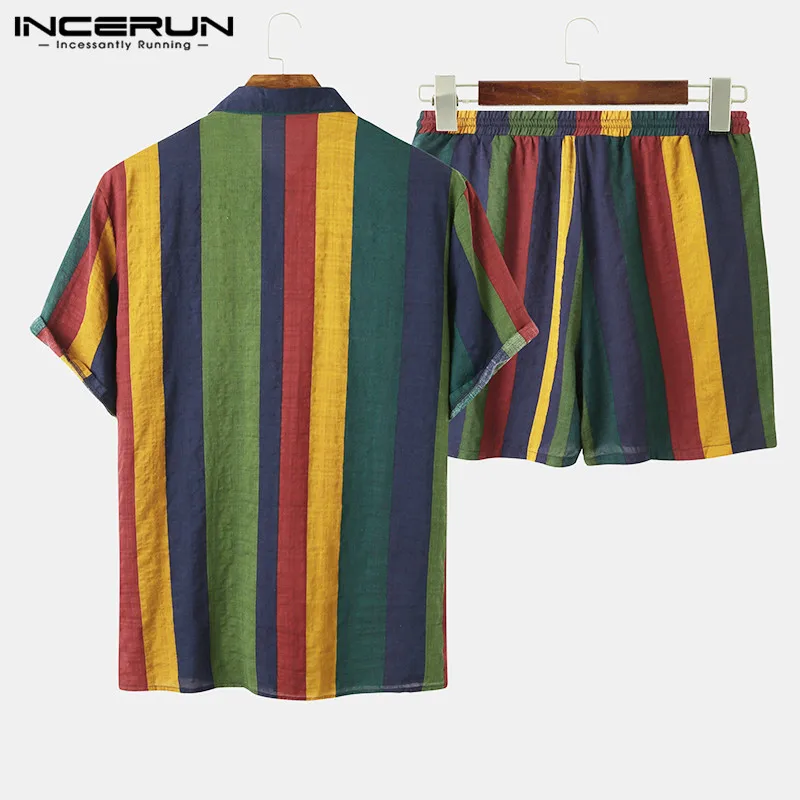 2021 Men Hawaiian Sets Striped Short Sleeve Lapel Button Casual Shirt Beach Shorts Streetwear Breathable Mens Suits INCERUN 7 - Image 2