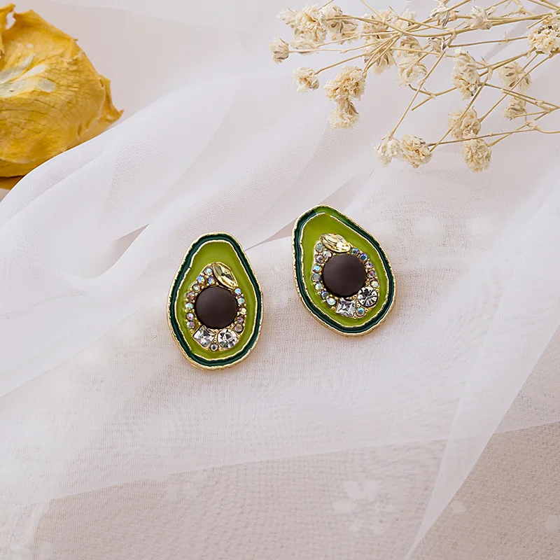 Wholesale Korean Fashion Shiny Rhinestone Avocado Big Earrings for Women 2022 Summer Green Oil Fruit Statement Brincos | Украшения и