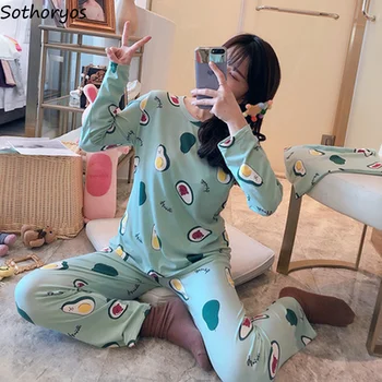 

Pajama Sets Women Korean Style Sweet Long Sleeve Printed Soft Comfortable Leisure Womens Sleepwear Student Elegant Chic O-neck