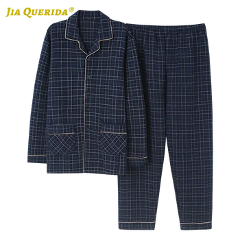 

New Winter Warm Front Pocket Button Man Clothes Long Sleeve Long Pants Pajamas Set 3 Layers Padded Cotton Plaid Printing