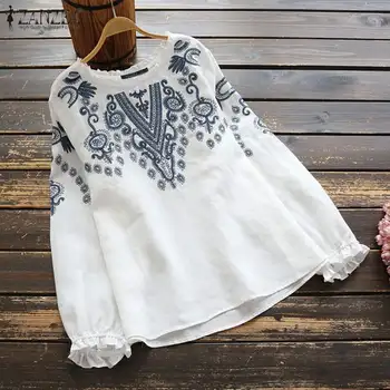 

M 5XL ZANZEA Spring Vintage Blouse Women Long Sleeve Embroidery Tunic Tops Cotton Ruffles Shirts Female Blusas Mujer Chemise