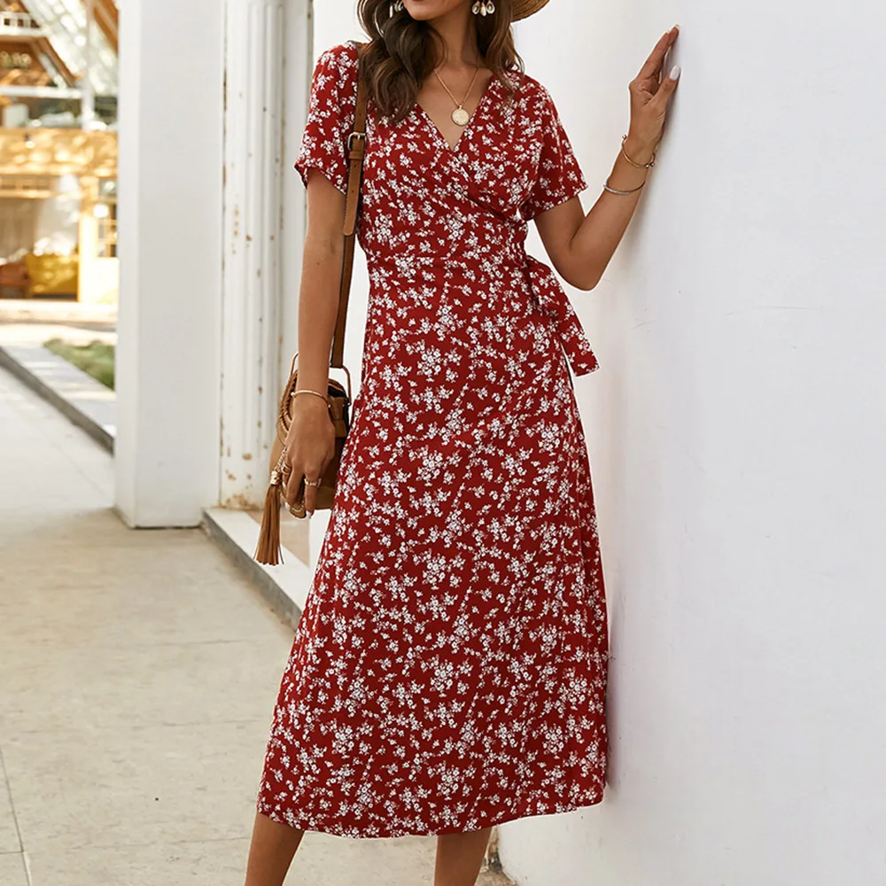 

Spring Summer Female Floral Slim Short Sleeve Dress Lace-Up V-Neck Mid-Calf Printed Pullover Sundress Beachwear Elegant